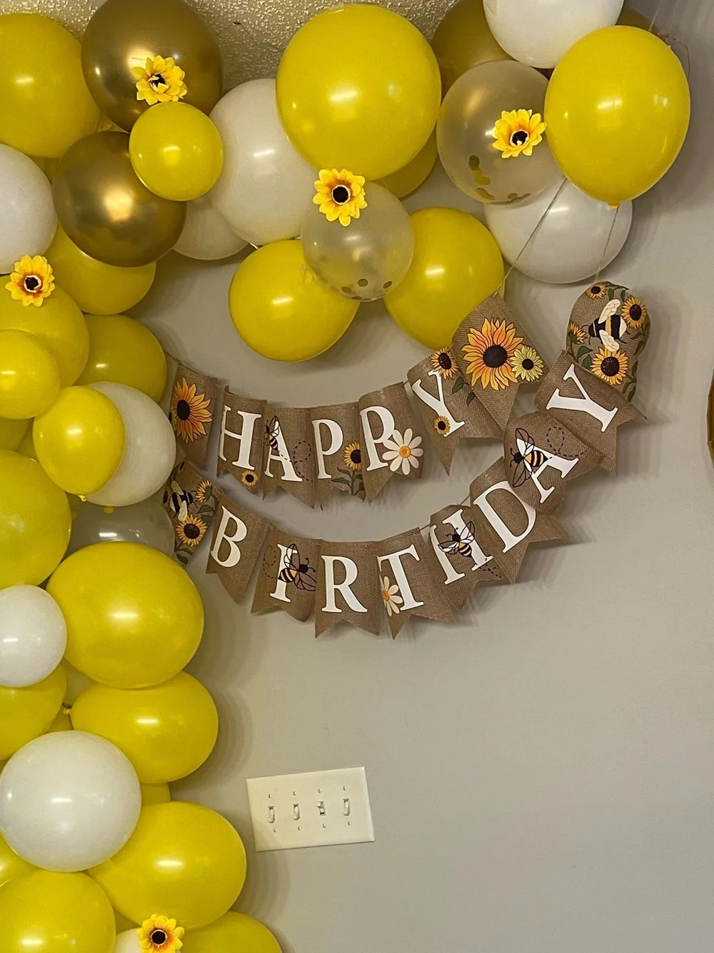 Happy Birthday Burlap Pennant Banner Sign Sunflower and Bumble Bee Theme